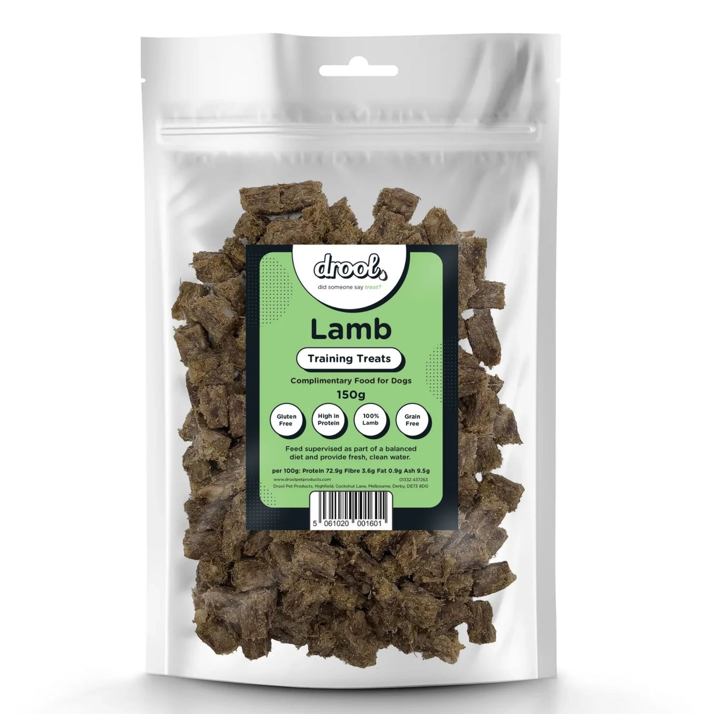 Package of Drool Lamb Training Treats for dogs on a white background