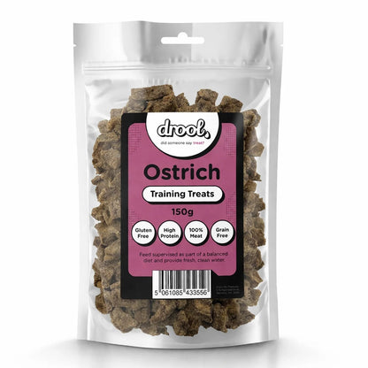Packaged ostrich training treats with 'drool' branding on a white background