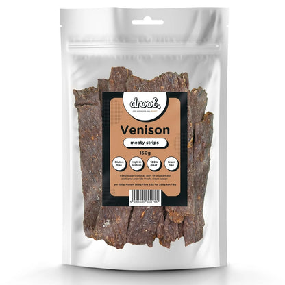 Packaged venison meaty strips with drool branding on a white background