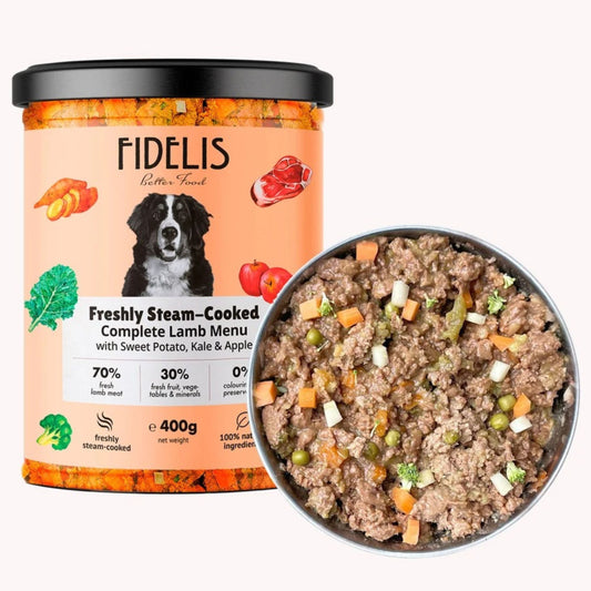 A jar of FIDELIS Better Feeds Freshly Steam-Cooked Complete Lamb Menu dog food shown next to a metal bowl filled with the cooked wet food. The jar has a peach-colored label with a black lid, and the food inside the bowl is a brown lamb meat mixture with colorful vegetables.