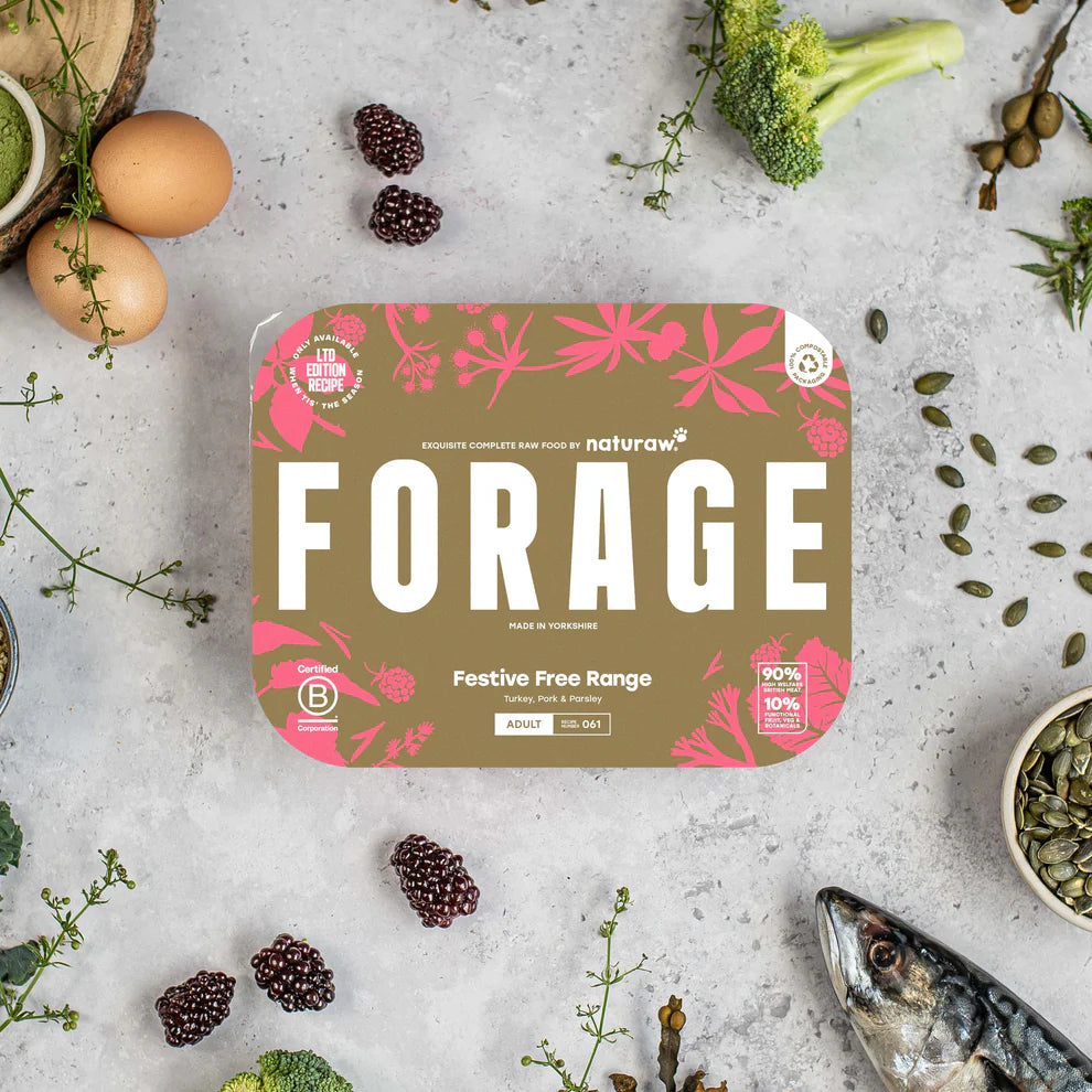 Naturaw Forage packaging on a gray surface with fresh produce