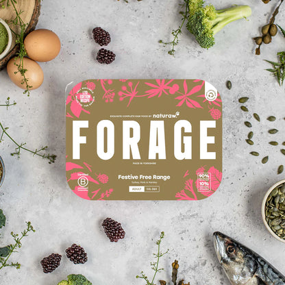 Naturaw Forage packaging on a gray surface with fresh produce