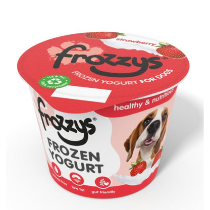Frozzy's strawberry frozen yogurt for dogs on a white background