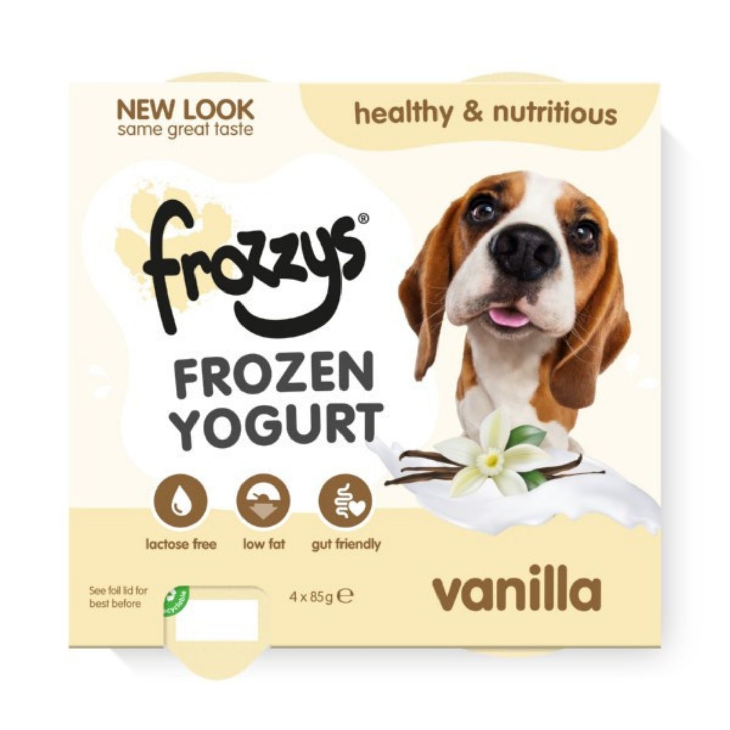 Frozzy's frozen yogurt packaging for dogs with a vanilla flavor, featuring a dog on the label.