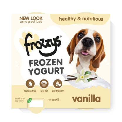 Frozzy's frozen yogurt packaging for dogs with a vanilla flavor, featuring a dog on the label.