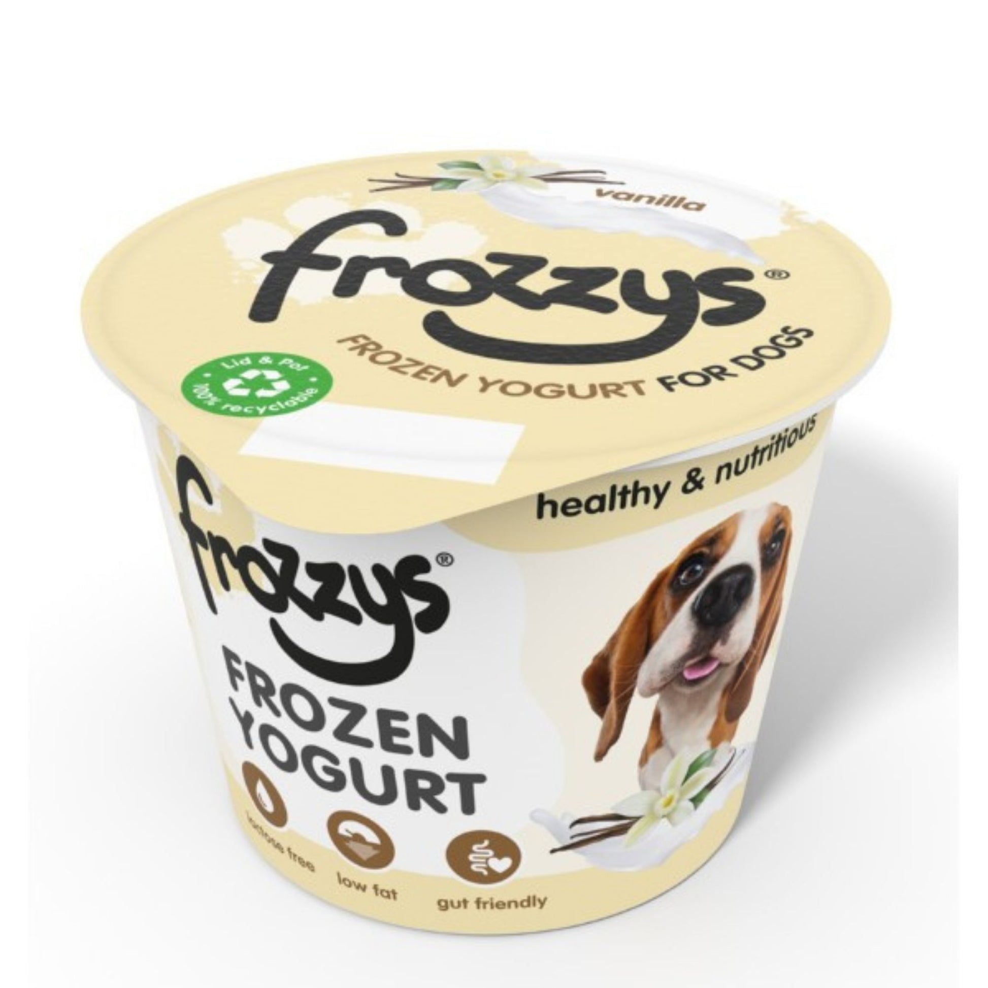 Frozzys frozen yogurt container for dogs on a white background