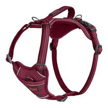 Maroon dog harness with brand logo on a white background