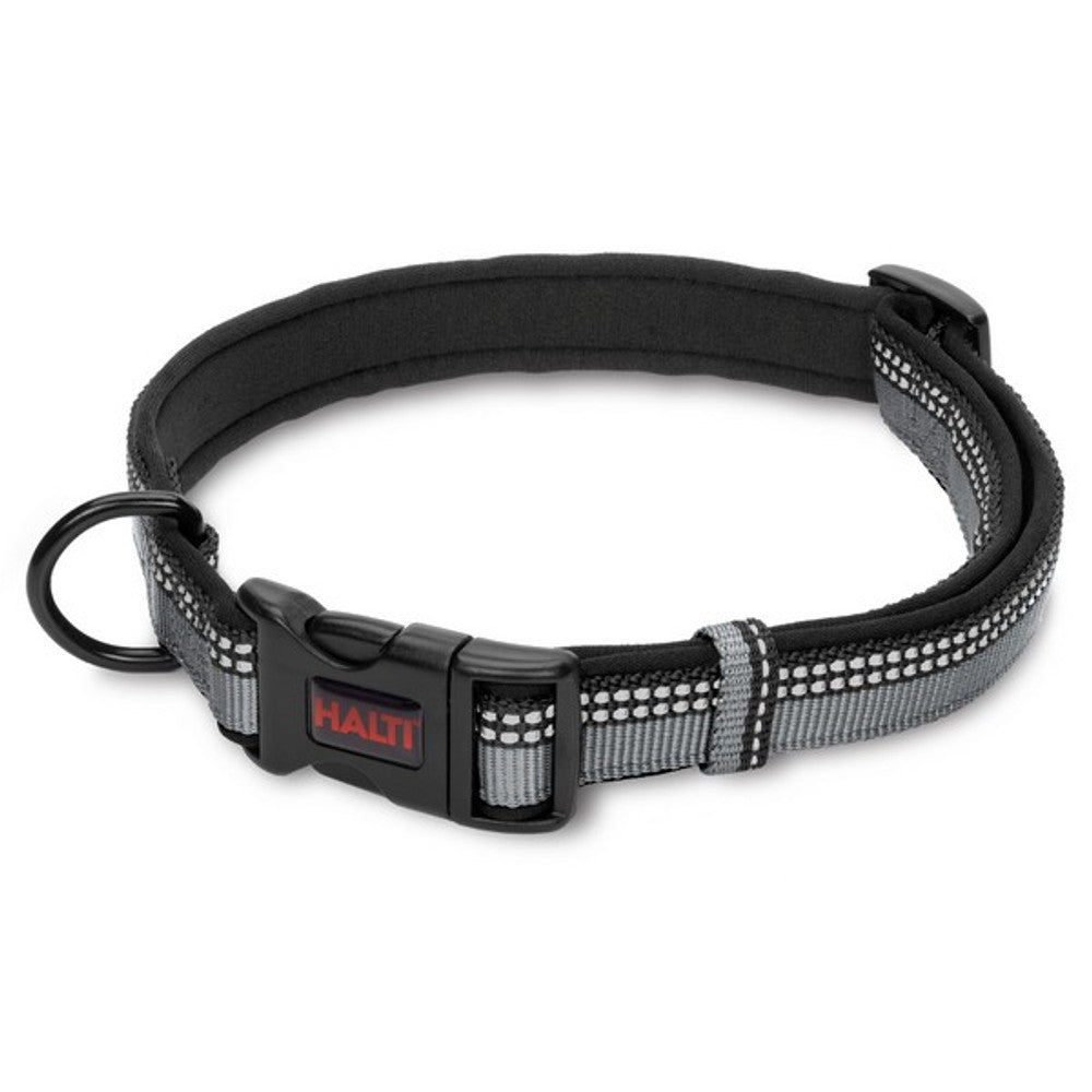 A black Halti Comfort Collar for dogs, featuring a plastic buckle and reflective stitching.