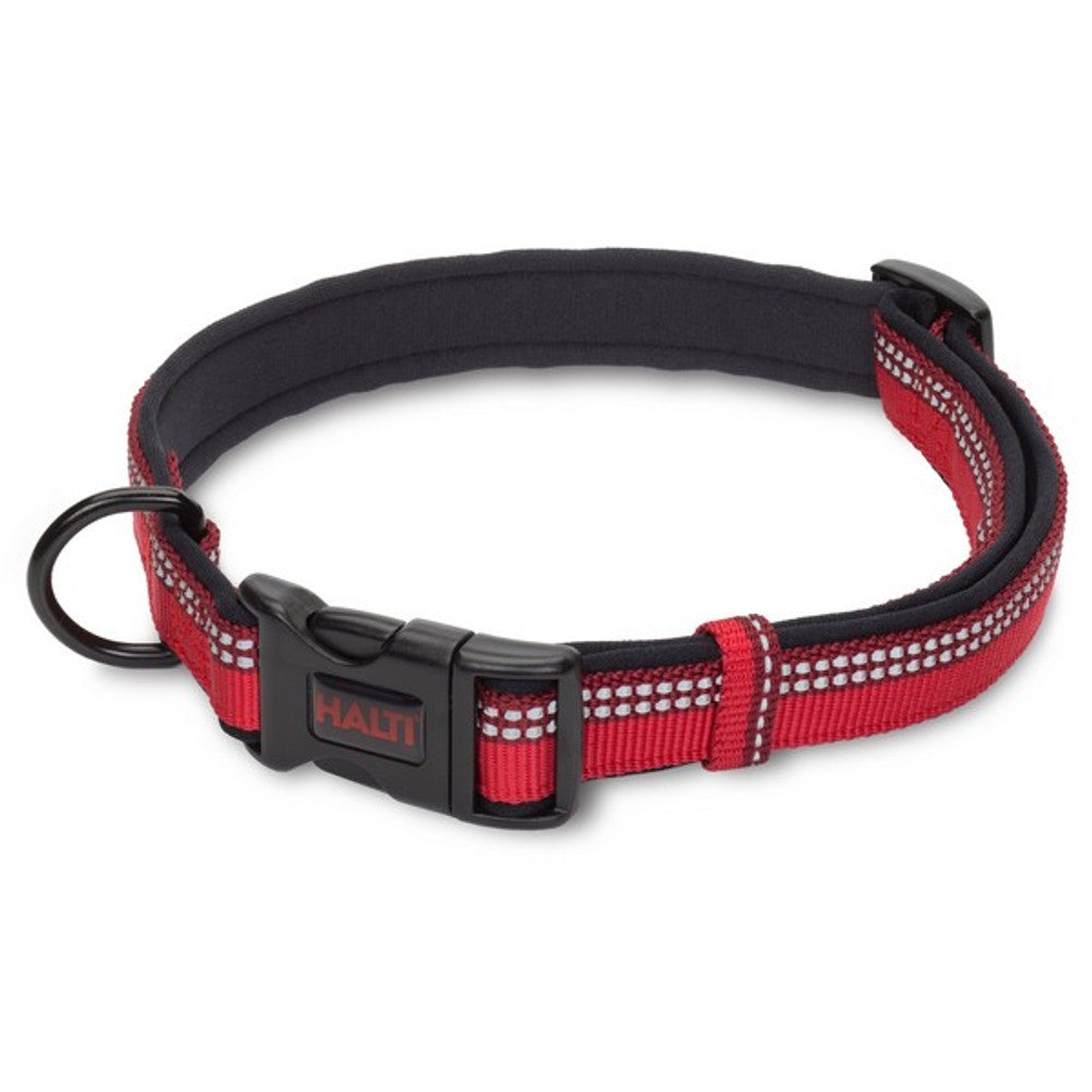 Halti comfort collar in red with black trim and buckle on a white background