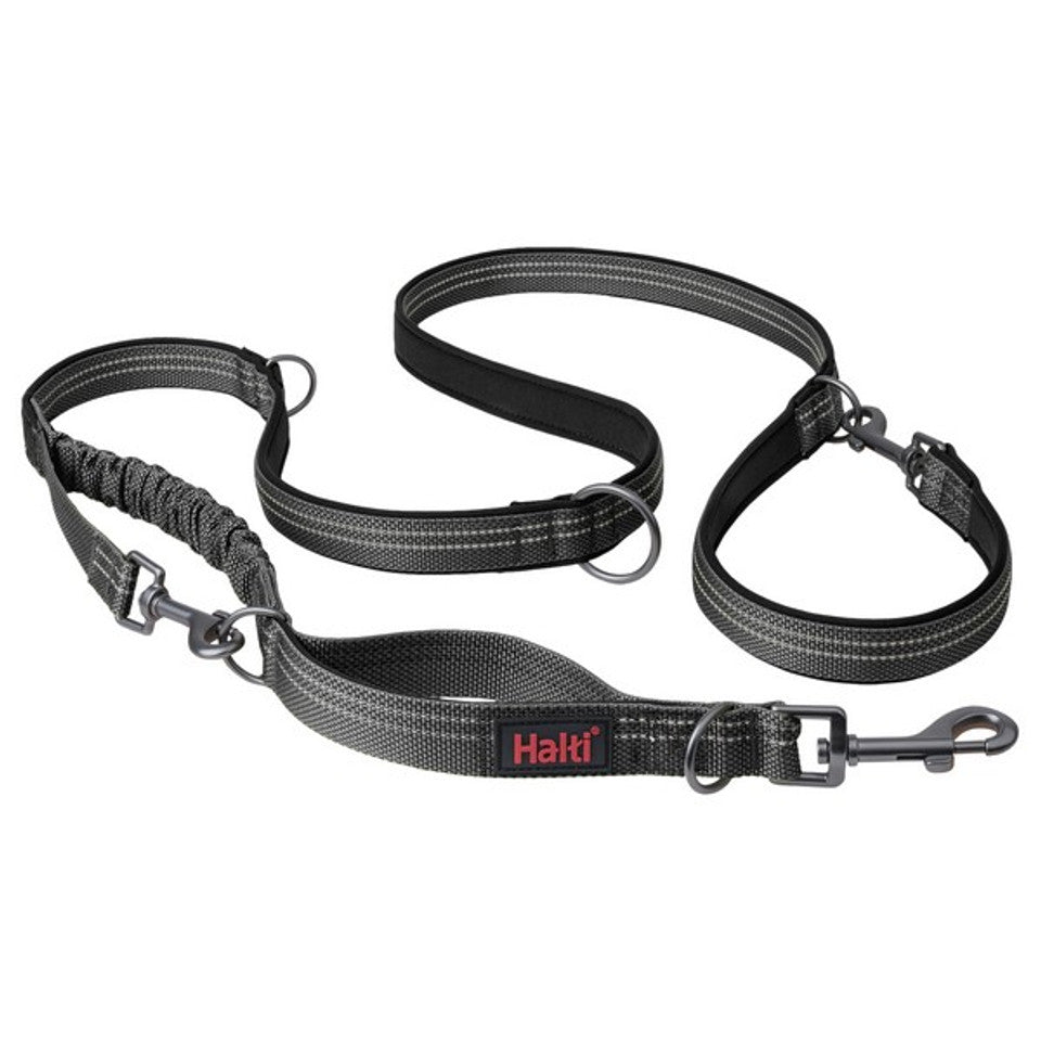 A grey Halti branded double-ended dog leash with metal clips and padding.