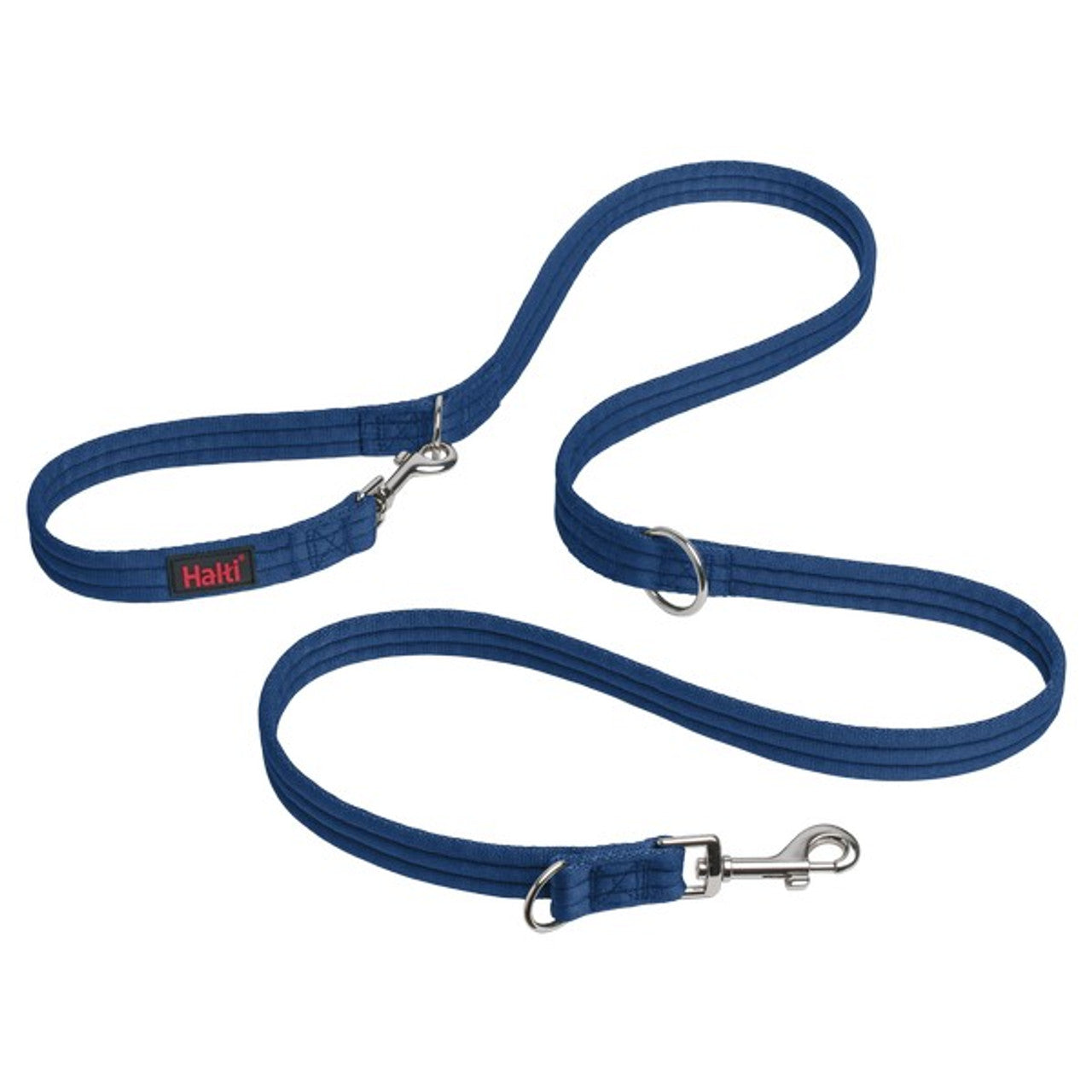 Blue dog leash with metal clip on a white background