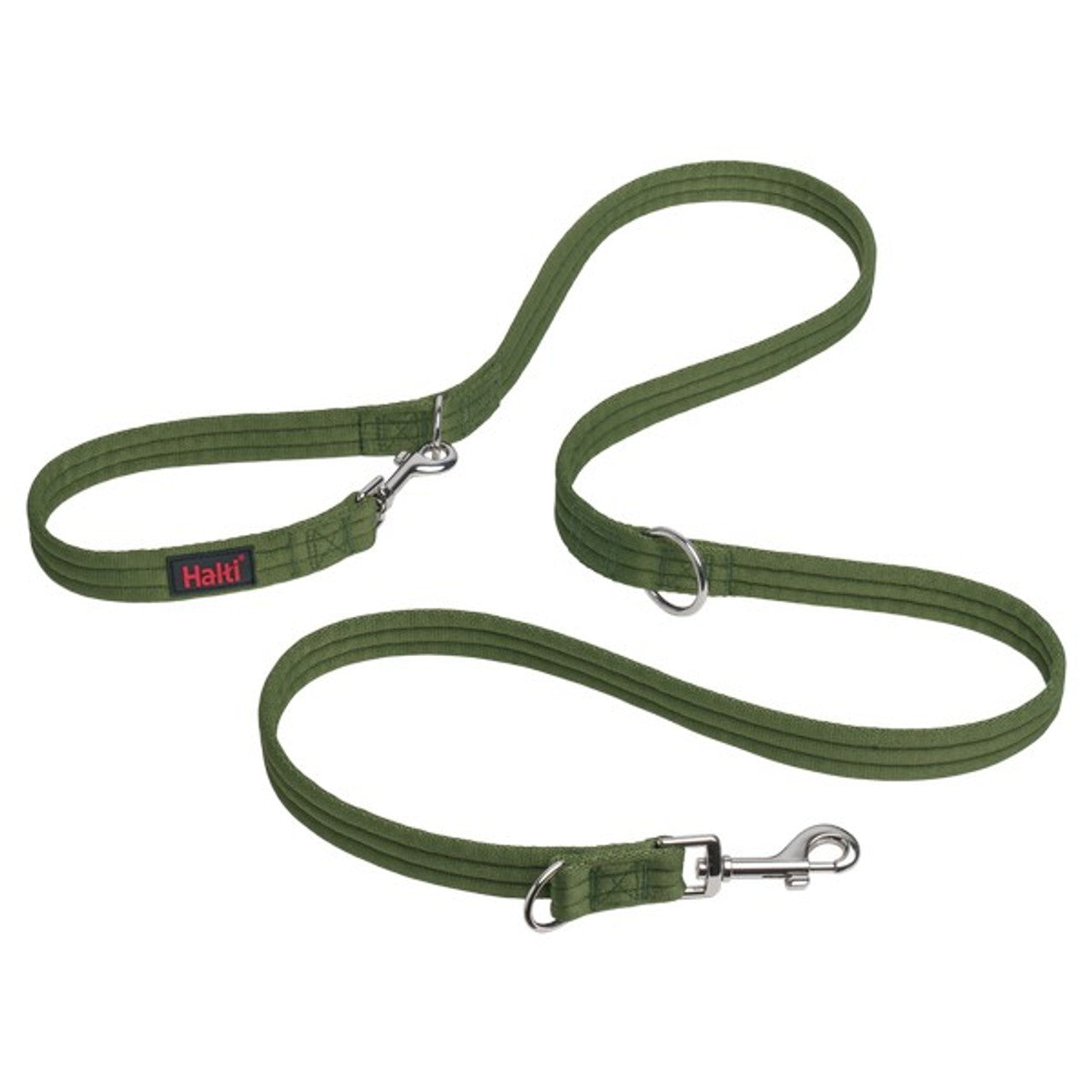 Green dog leash with metal clips on a white background