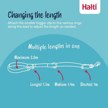 Halti product description with a diagram of a leash and instructions on adjusting its length.