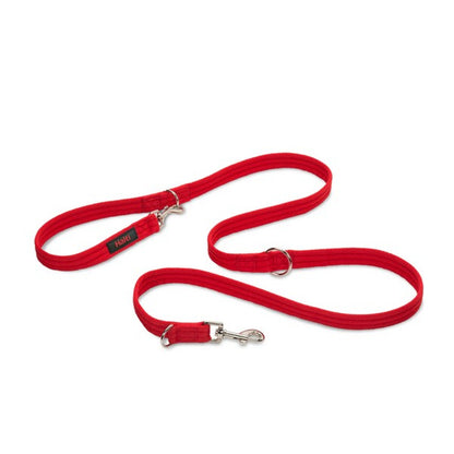 A multi-functional red dog training lead with adjustable sections and additional attachments.