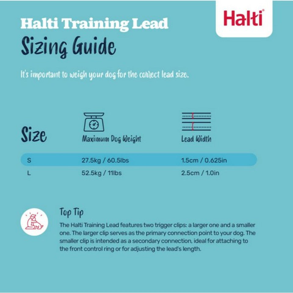 Halti Training Lead Sizing Guide with weight and lead width information on a blue background