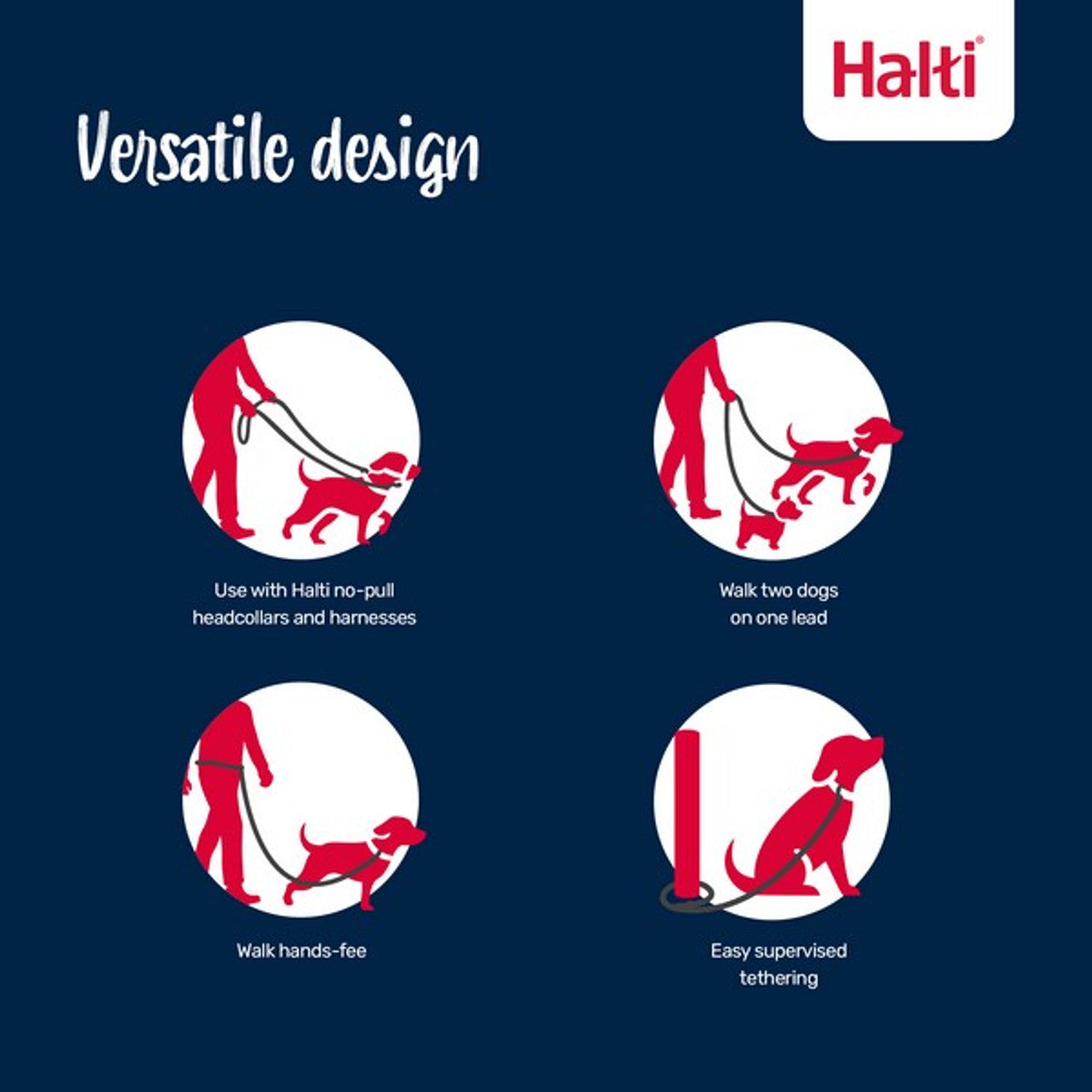 Halti product advertisement with versatile design features on a blue background