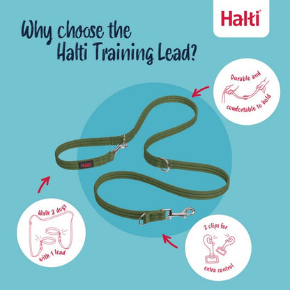 Halti training lead with features on a blue background