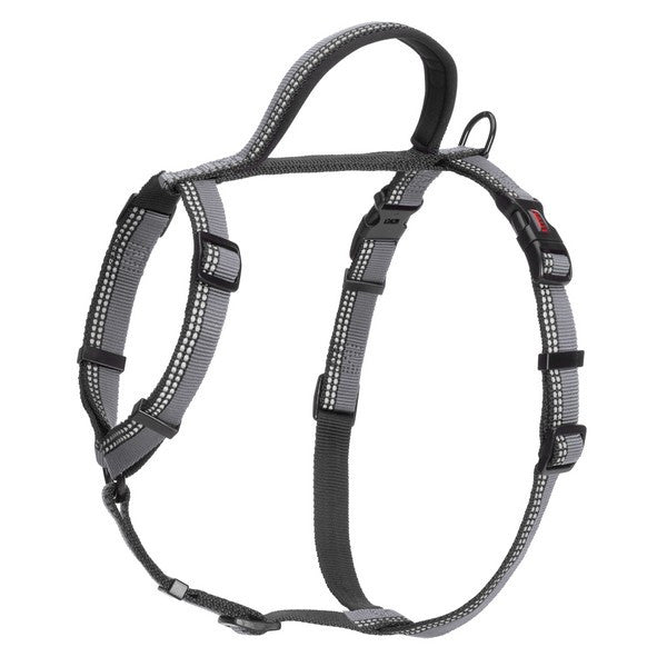 Gray dog harness with reflective stripes on a white background