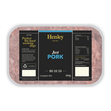 Packaged pork meat with Henley label on a white background