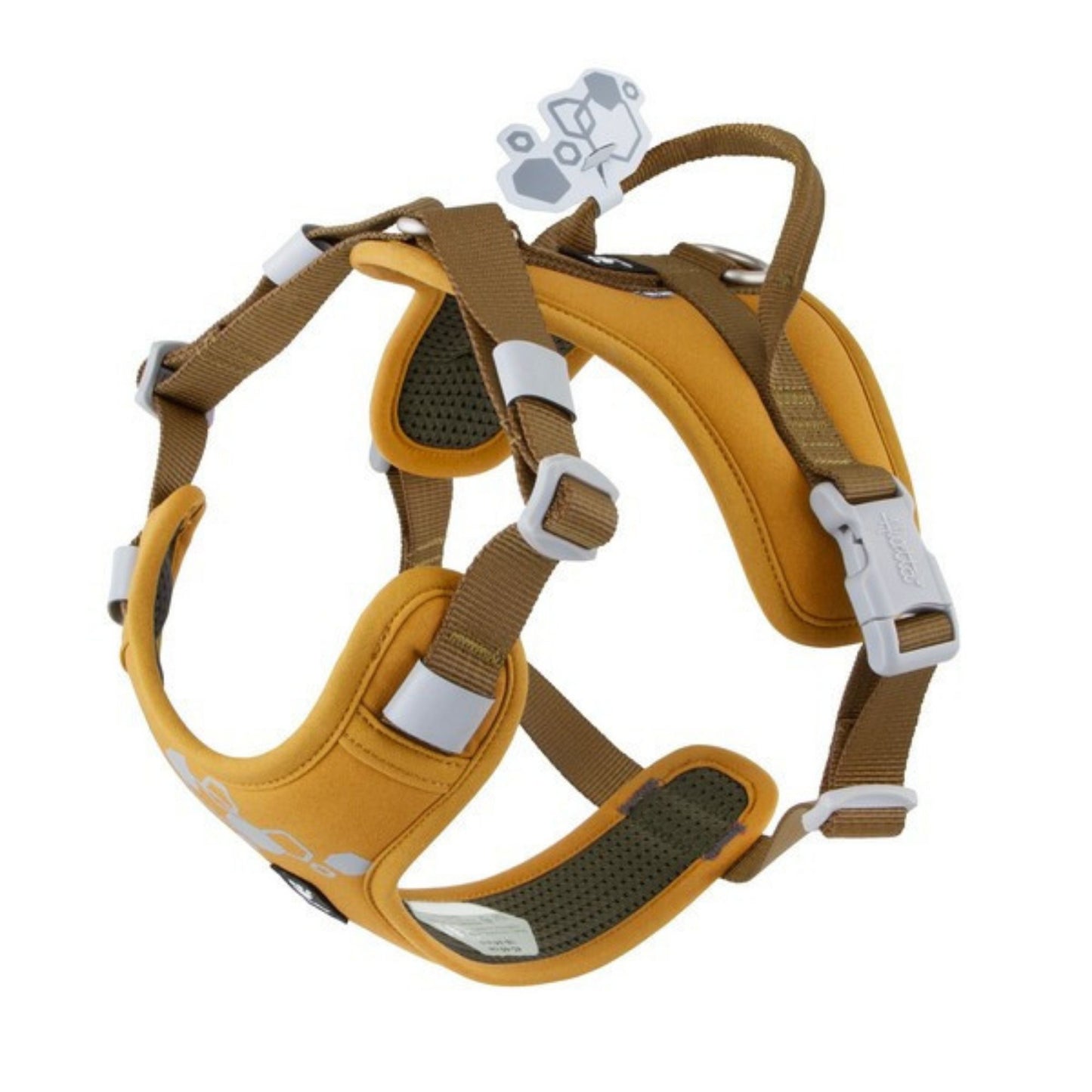 Dog harness with brown and yellow design on a white background