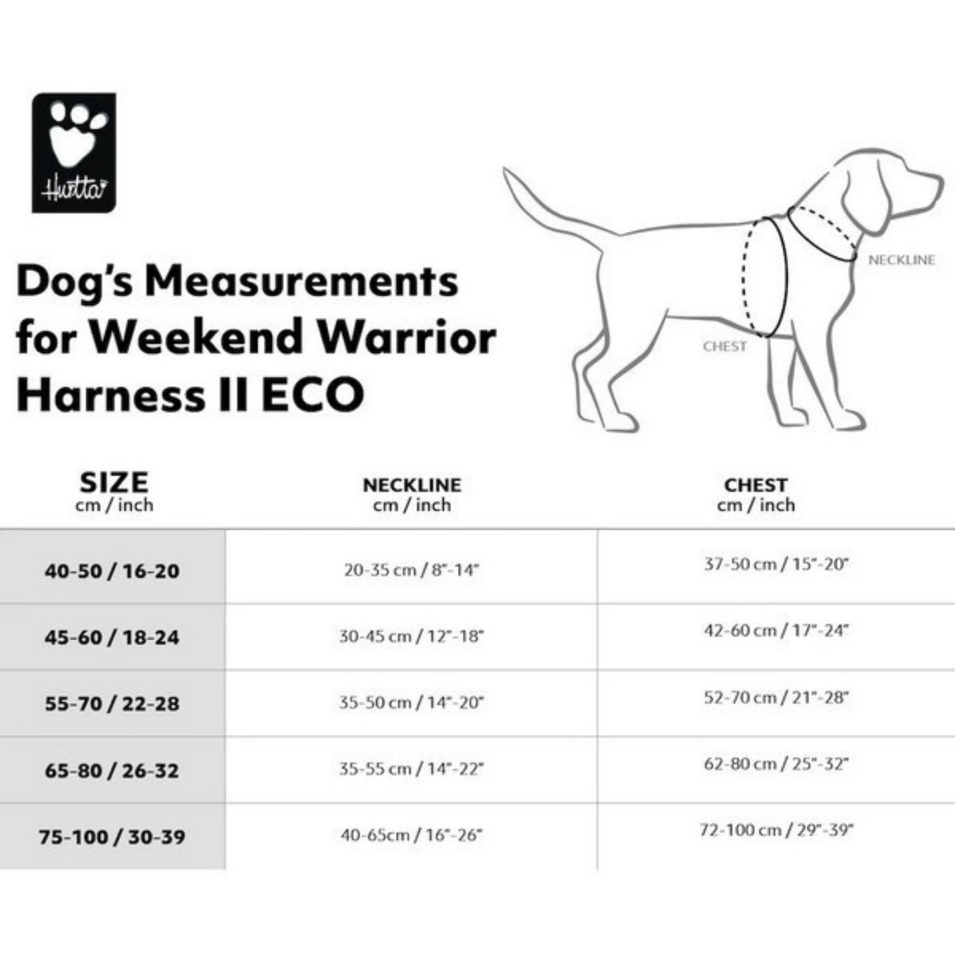 Measurement chart for Weekend Warrior harness with dog illustration and Halti logo.