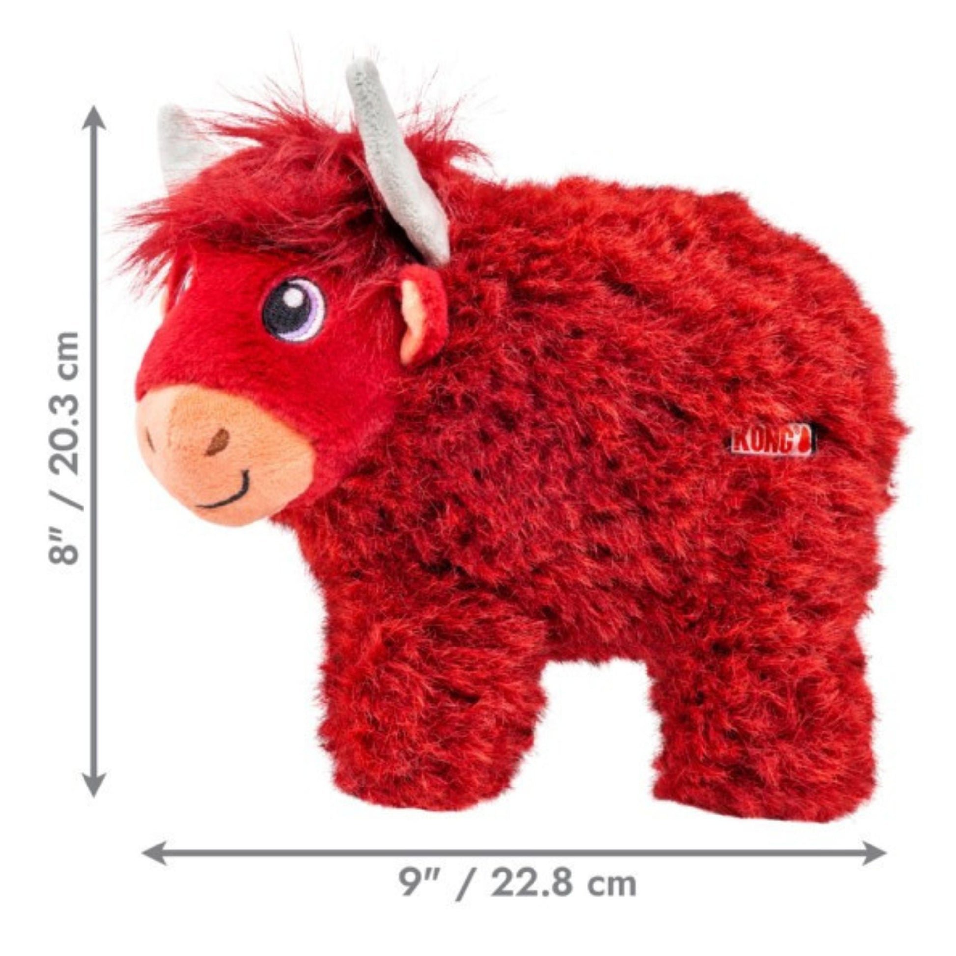 A red fluffy plush highland cow toy with gray horns and a beige snout, shown on a white background with dimension arrows indicating 9 inches wide by 8 inches tall.