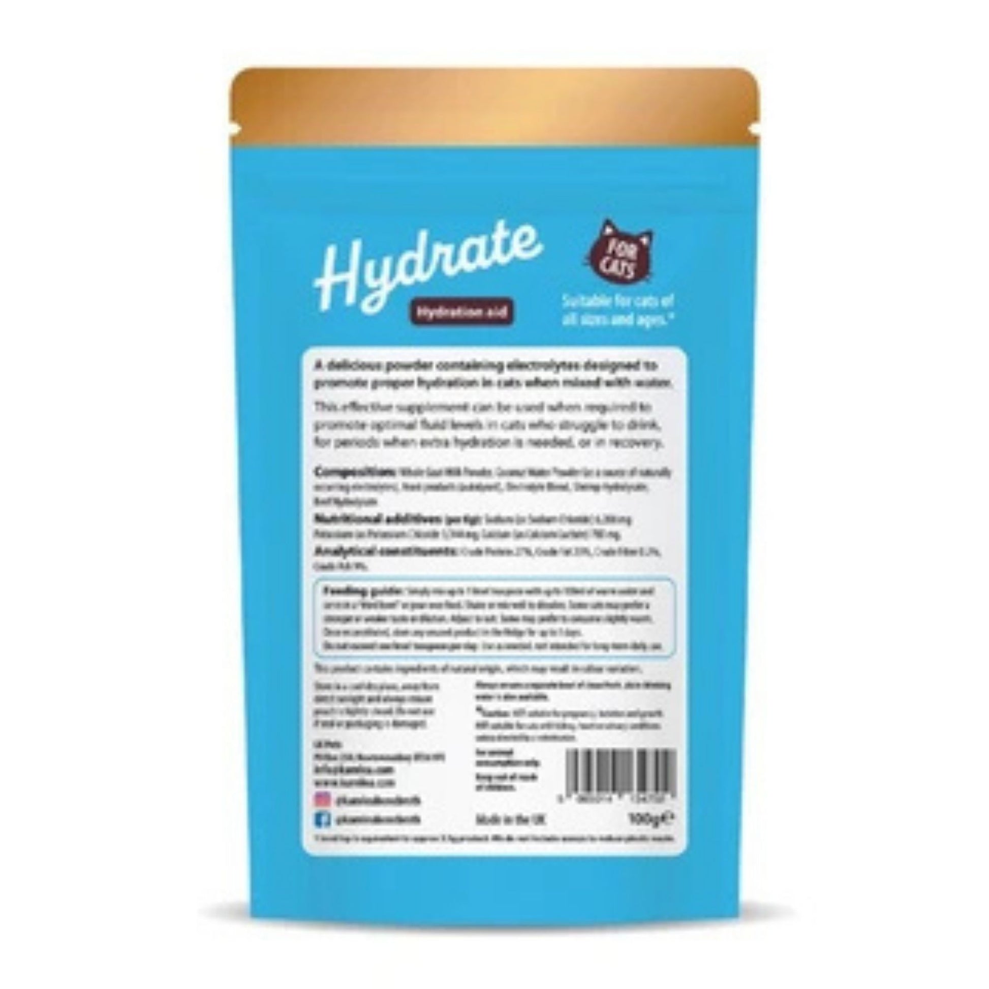 Blue package of 'Hydrate' for cats with gold top on a white background