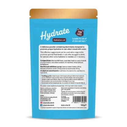 Blue package of 'Hydrate' for cats with gold top on a white background