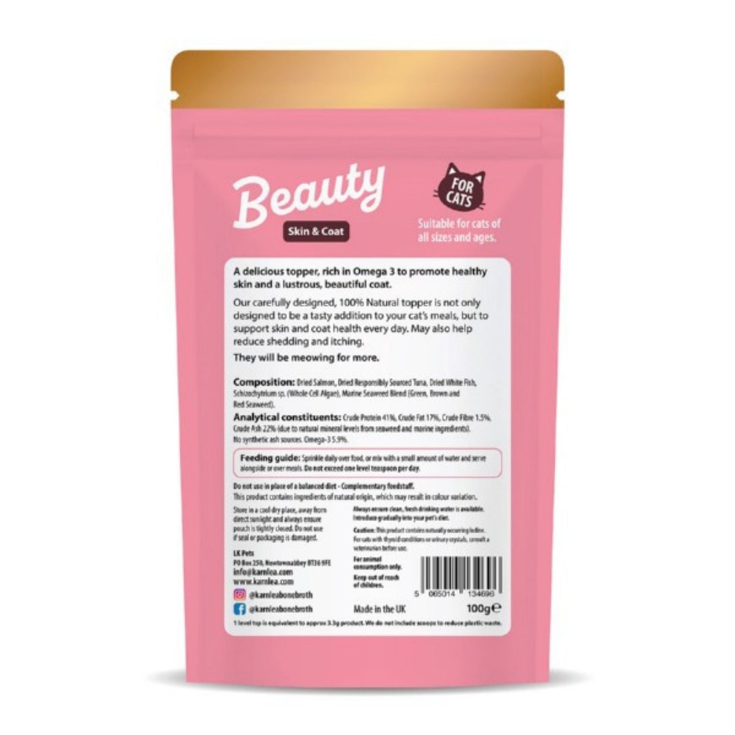 Pink packaging of 'Beauty' for cats with gold top on a white background