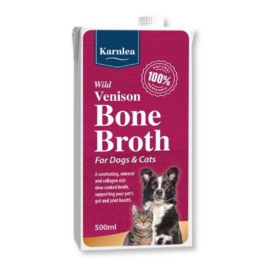 Karnlea Wild Venison Bone Broth packaging for dogs and cats on a white background