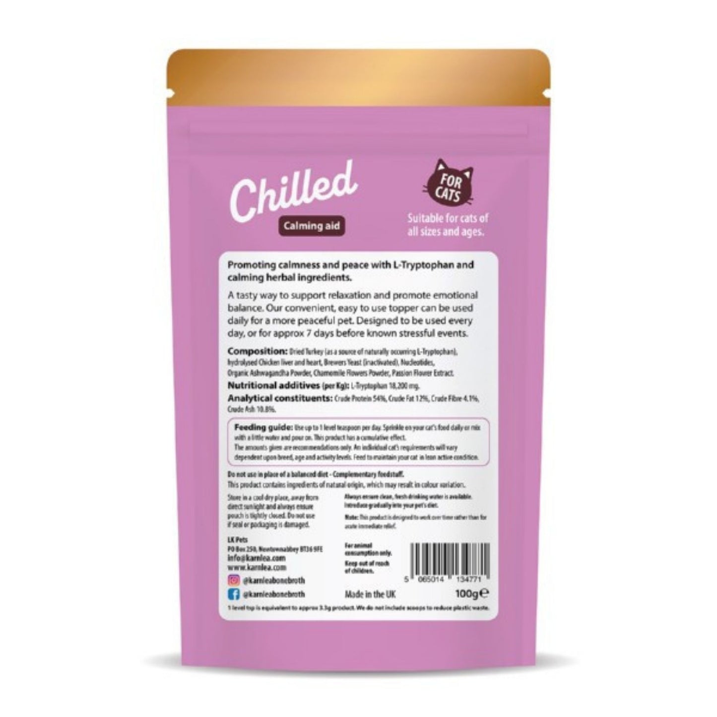 Pink packaging of 'Chilled' calming aid for cats with gold top