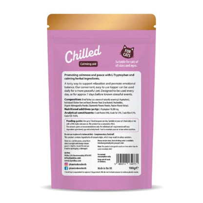 Pink packaging of 'Chilled' calming aid for cats with gold top