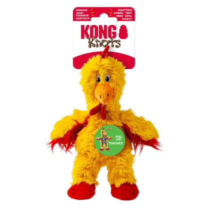 Yellow plush toy resembling a chicken with a red tag on a white background