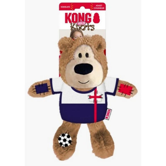 Kong teddy bear toy with a red and white label on a white background