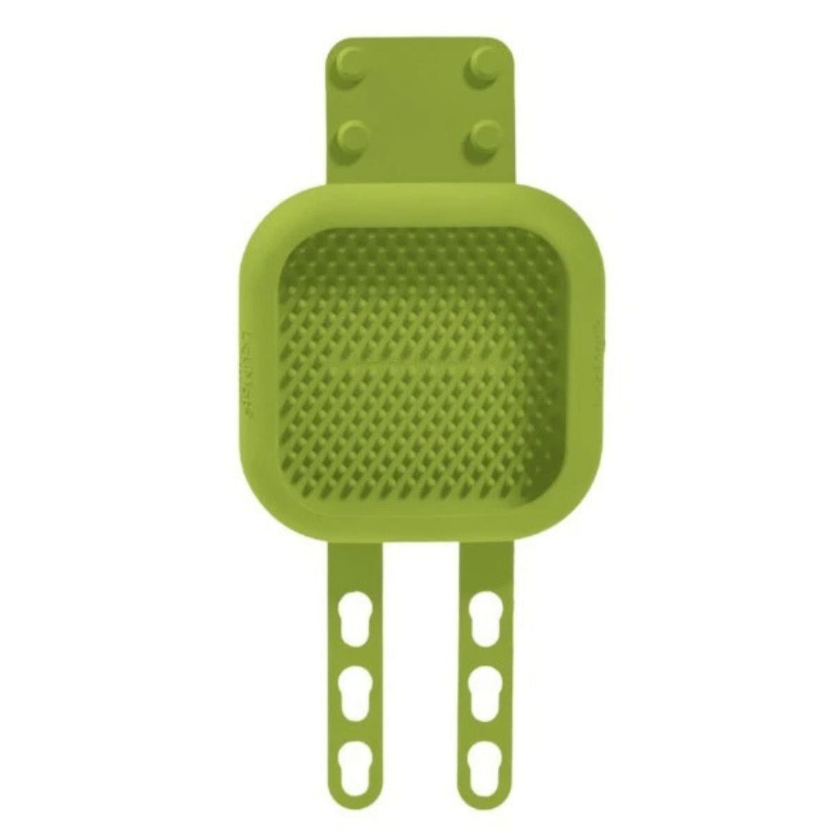 A green lickimat with two adjustable hook-style arms, shown on a plain white background.