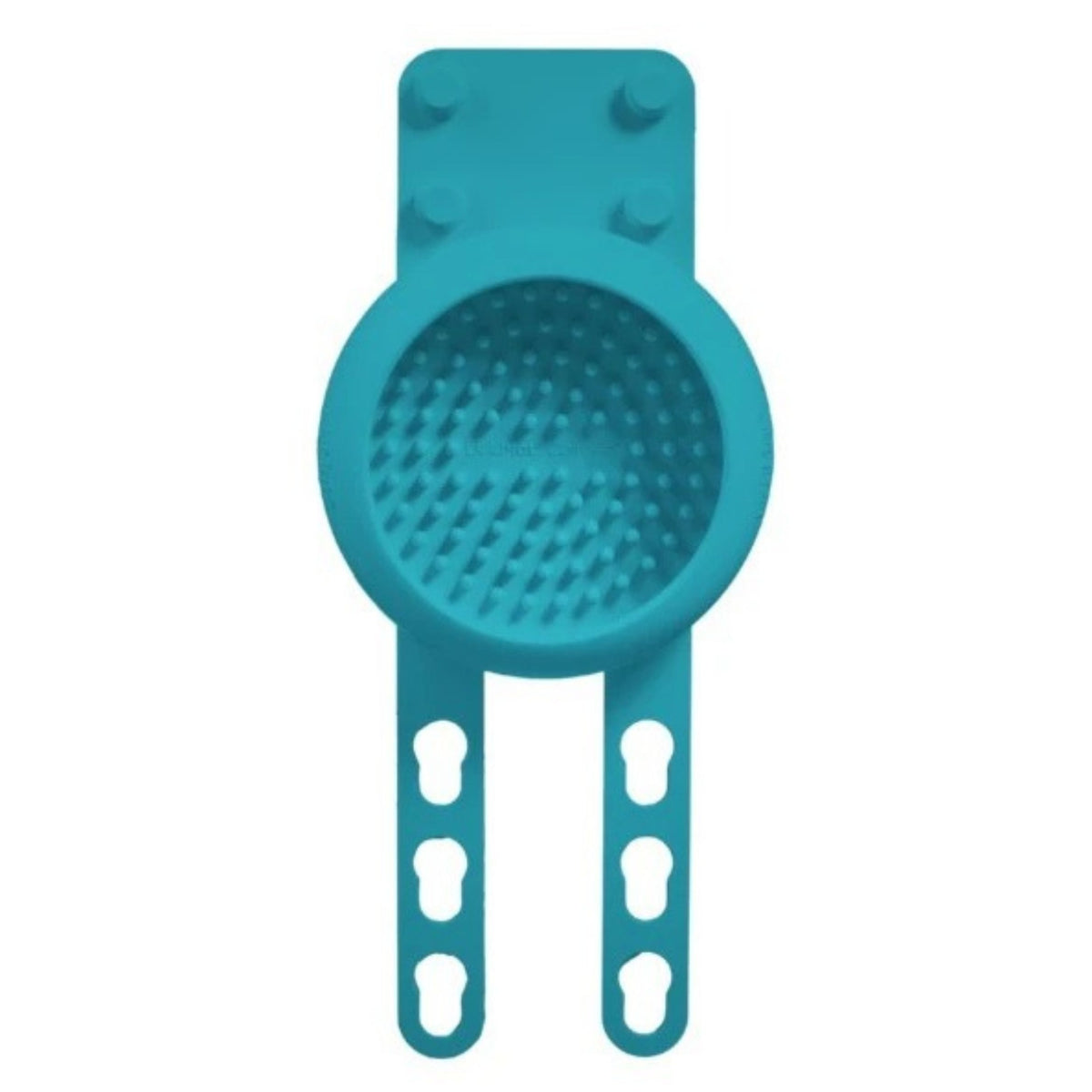 A turquoise lickimat attachment with two adjustable hook-style arms, shown on a plain white background.
