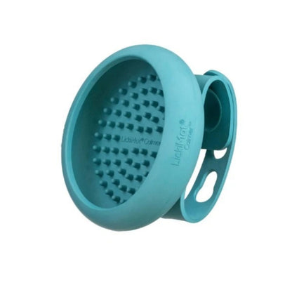 A teal blue lickimat for pets, featuring a textured bowl and a side loop, shown on a plain white background.