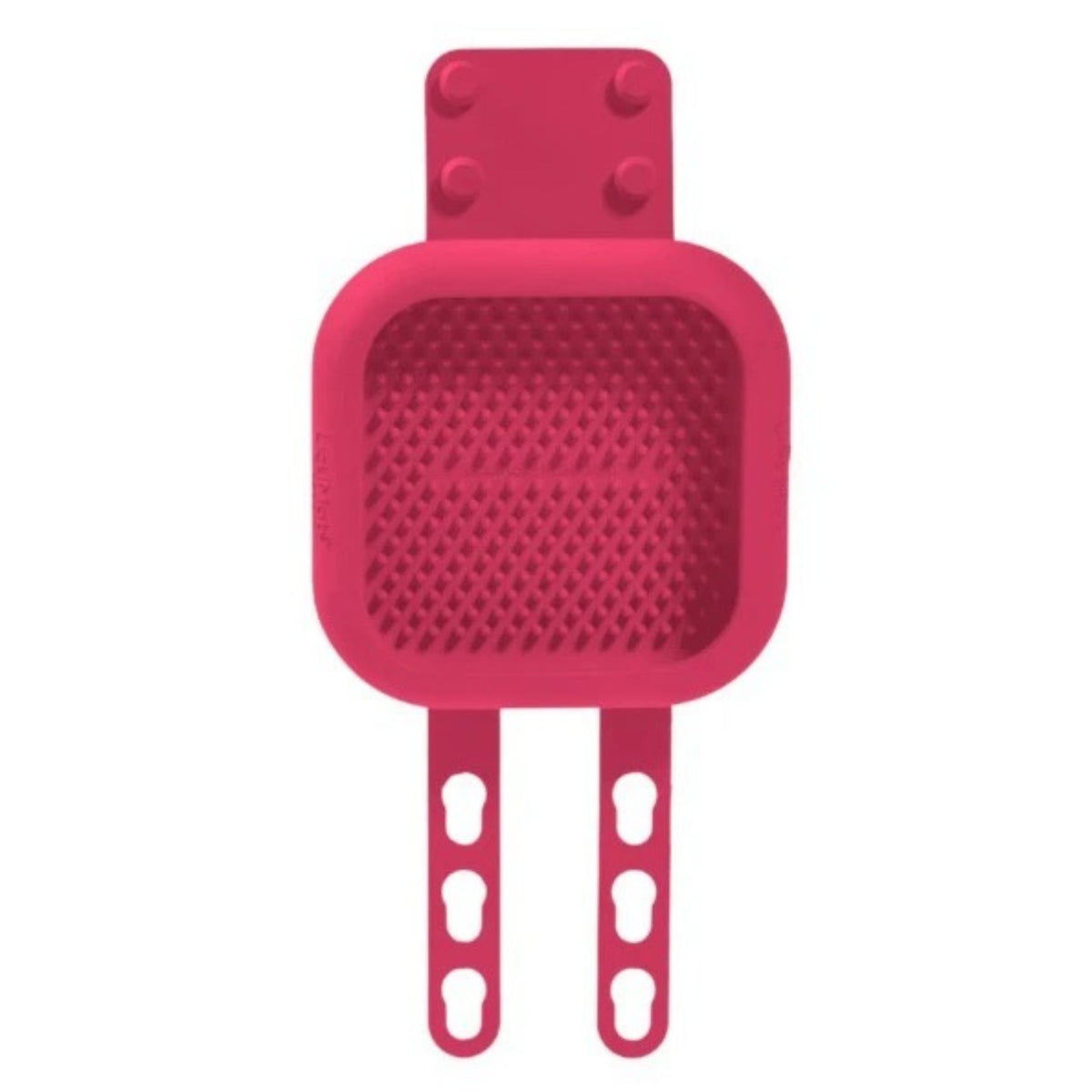 A bright pink lickimat with two adjustable hook-style arms, shown on a plain white background.
