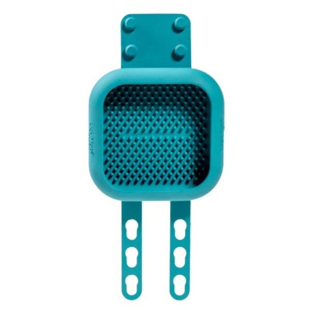 A turquoise lickimat with two adjustable hook-style arms, shown on a plain white background.