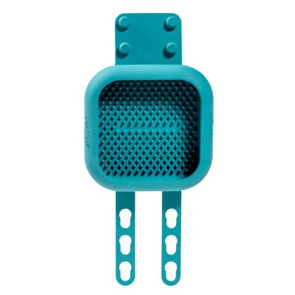 A turquoise lickimat with two adjustable hook-style arms, shown on a plain white background.