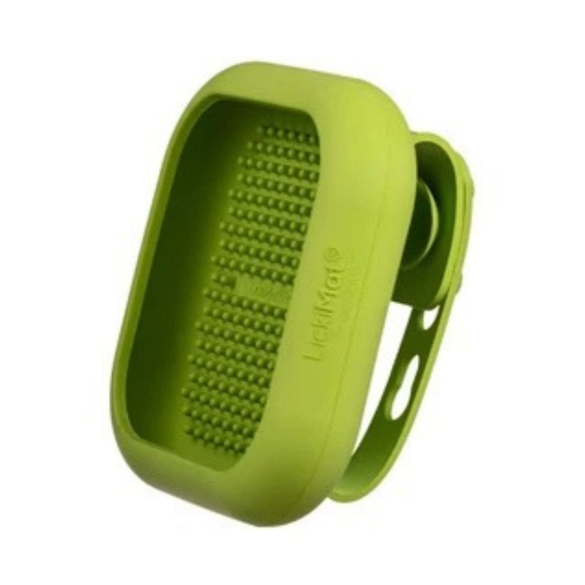 A green lickimat with two adjustable hook-style arms, shown on a plain white background.