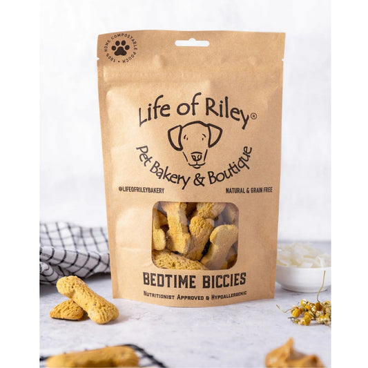 Bag of 'Life of Riley' dog treats on a white background