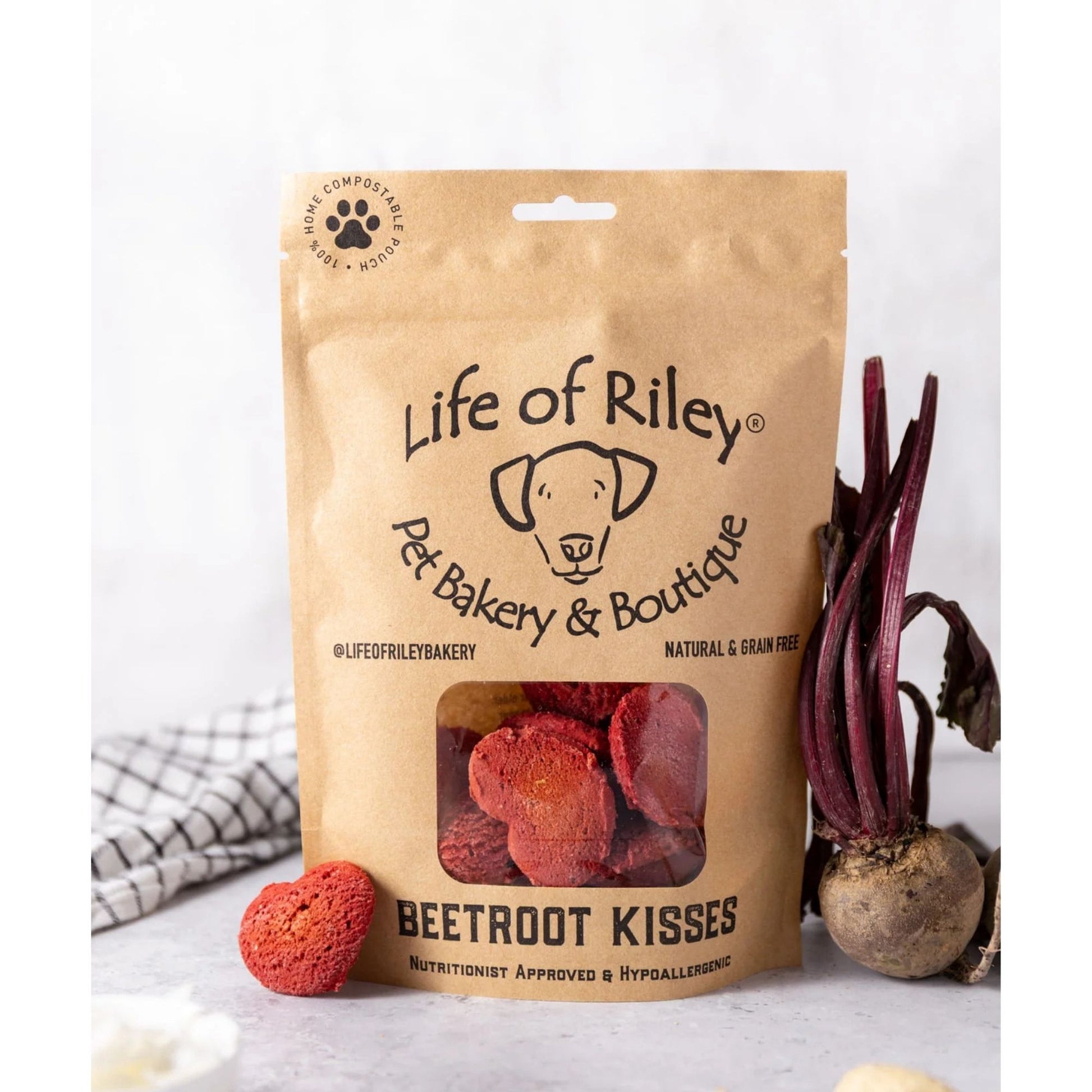 Bag of 'Beetroot Kisses' from Life of Riley Pet Bakery & Boutique on a white background