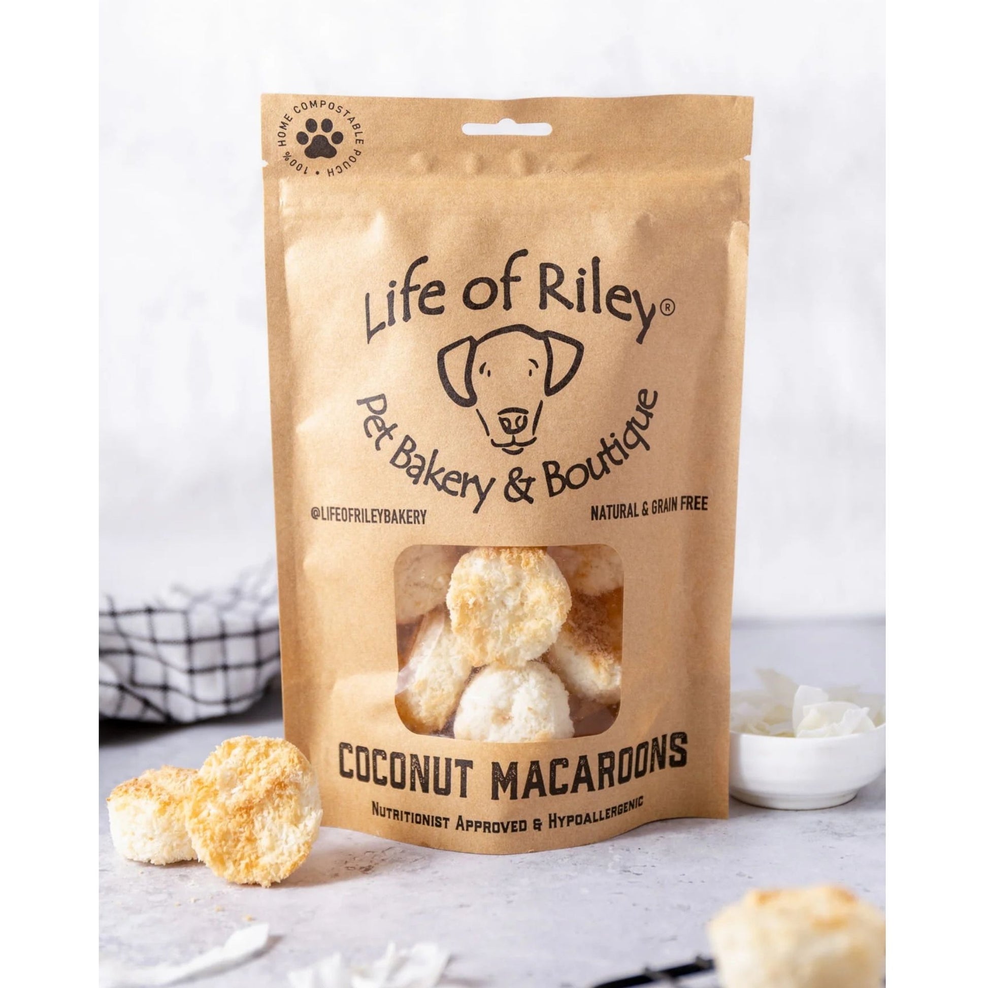 Bag of Life of Riley Pet Bakery & Boutique coconut macaroons on a white background