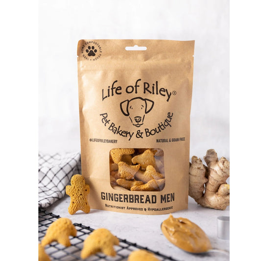 Bag of Life of Riley Gingerbread Men dog biscuits on a white background