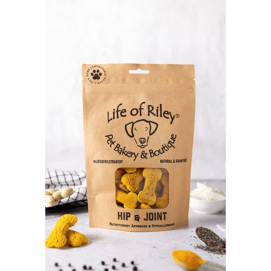 Bag of Life of Riley Hip and Joint dog biscuits on a white background
