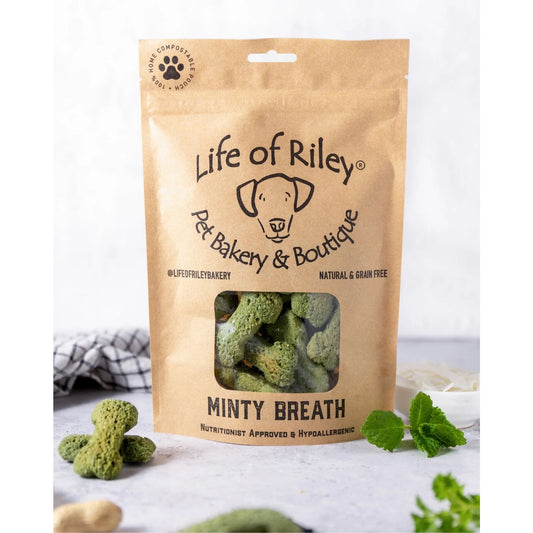 Bag of 'Life of Riley' minty breath dog treats on a white background