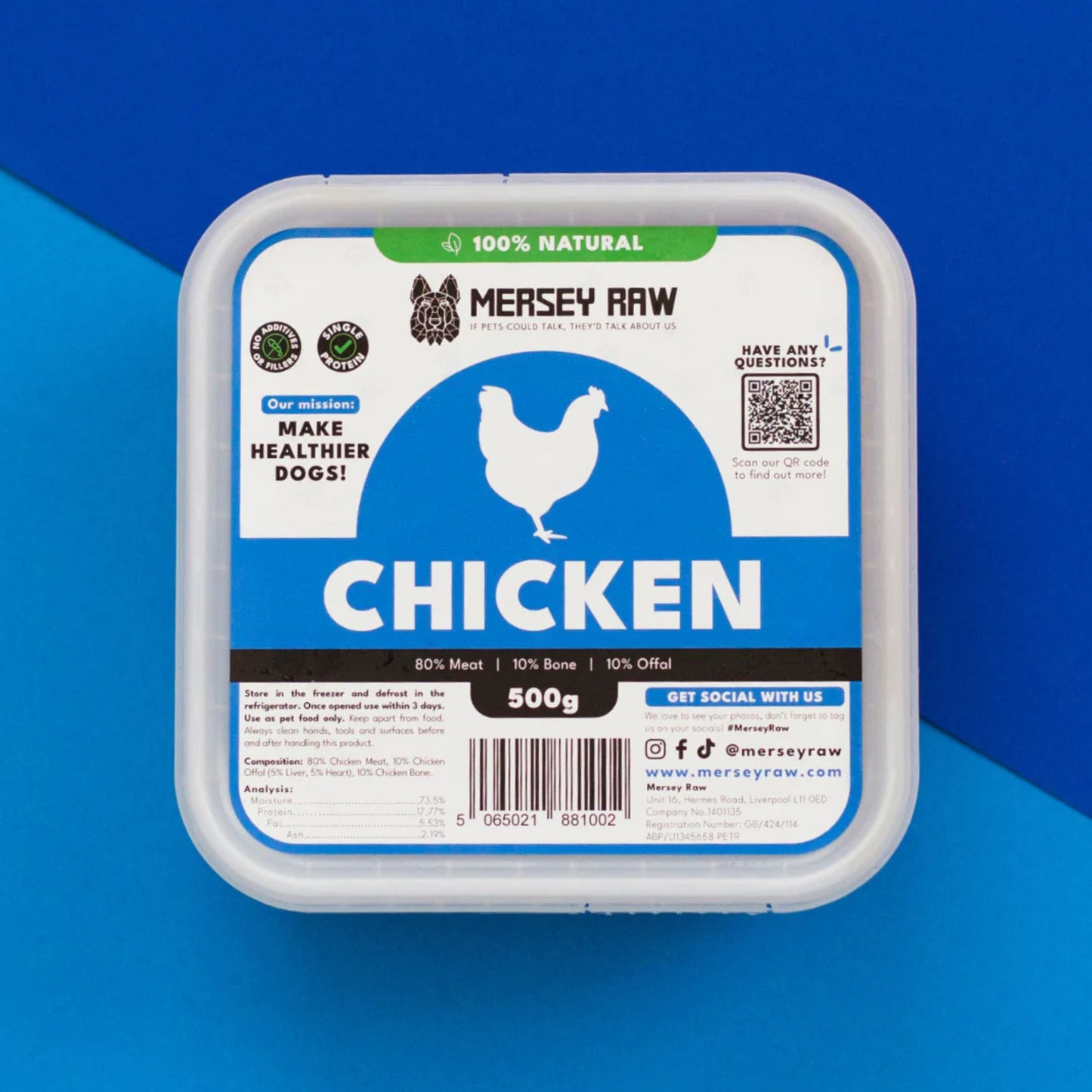 Mersey Raw Chicken dog food in a white square plastic tub with a blue and white label, set against a blue and dark gray background.