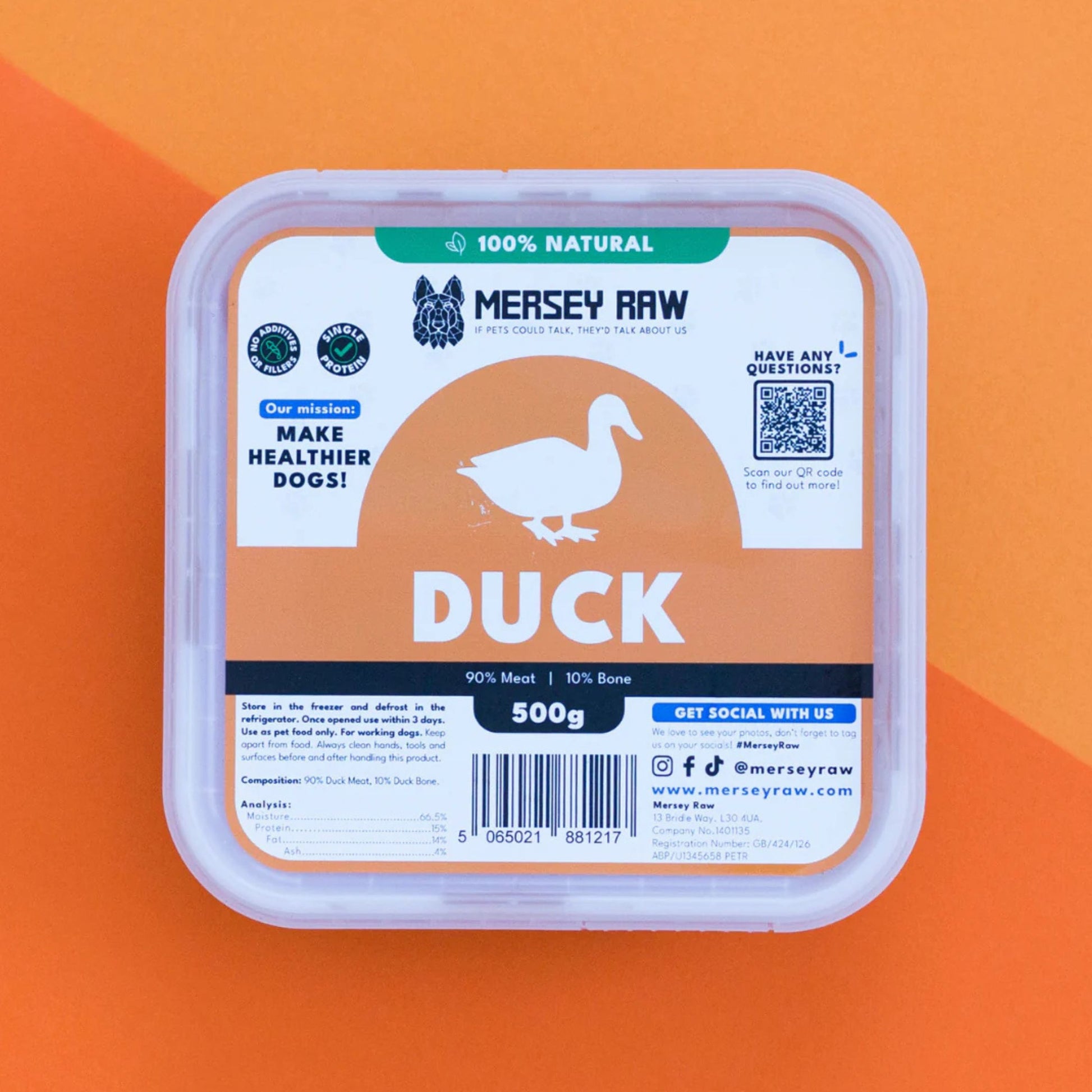Mersey Raw duck food packaging on an orange background