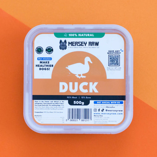 Mersey Raw duck food packaging on an orange background
